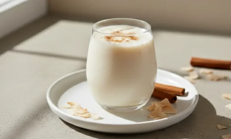 Creamy homemade coquito served in a glass, topped with cinnamon, on a white plate with coconut flakes and cinnamon sticks.