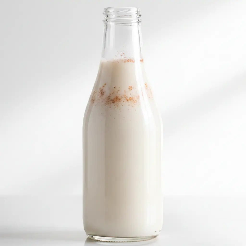 Glass bottle filled with creamy coquito, lightly sprinkled with cinnamon, on a clean white background.