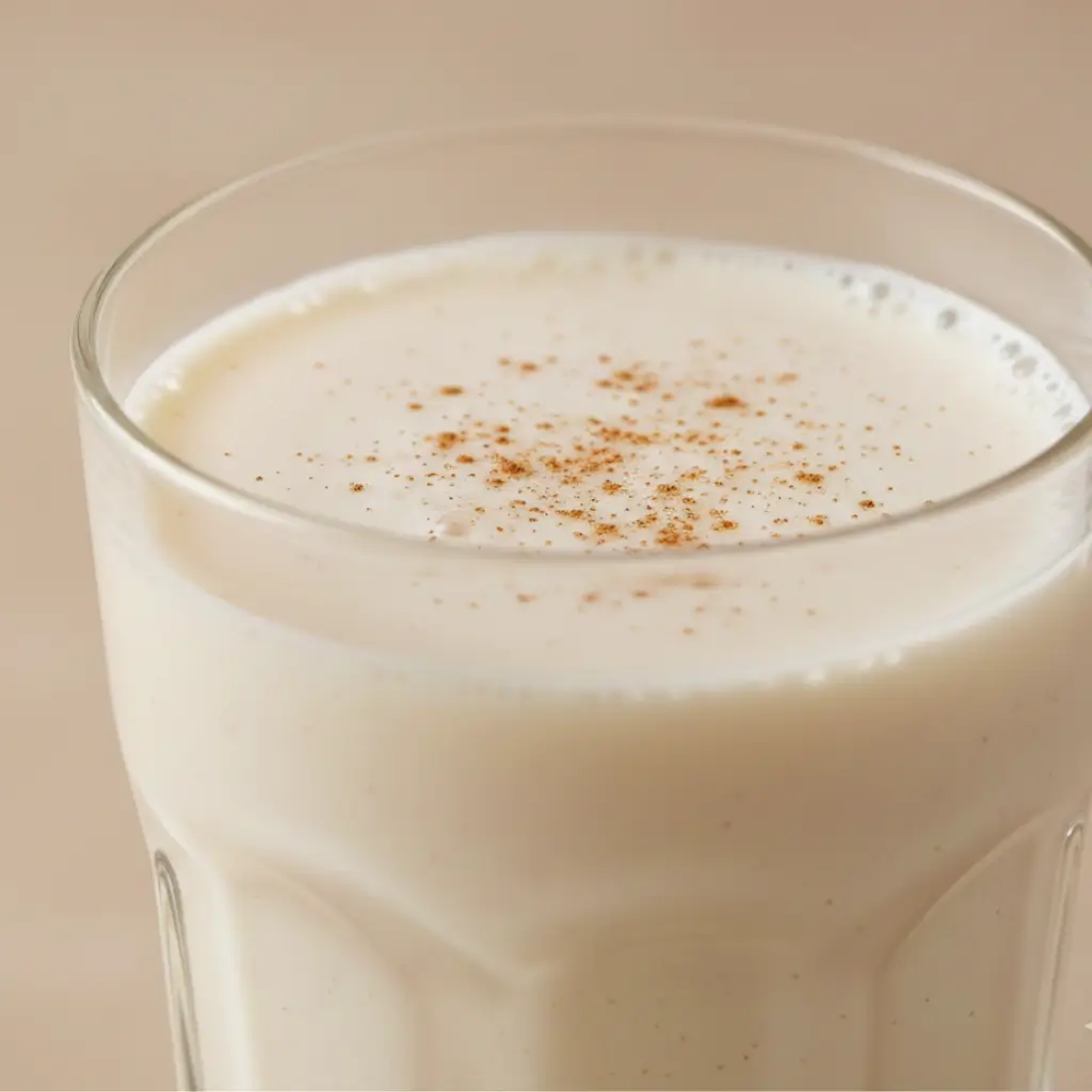 Close-up of creamy coquito drink in a glass, topped with a light sprinkle of cinnamon.