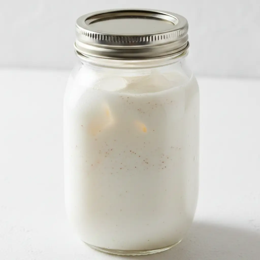 Mason jar filled with creamy coquito drink, showing a smooth coconut texture on a light background.