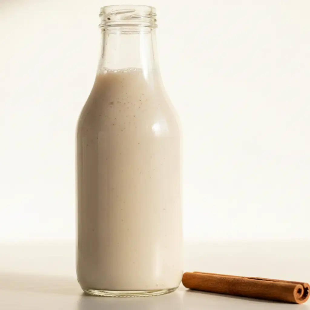 Glass bottle filled with creamy homemade coquito, placed on a light background with a cinnamon stick.