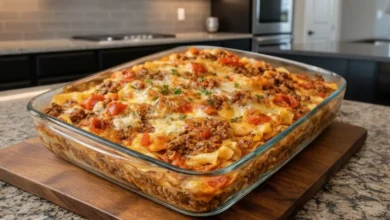 A freshly baked Beef Lombardi Casserole with layers of ground beef, cheese, and tomatoes, served in a clear glass baking dish on a wooden cutting board.