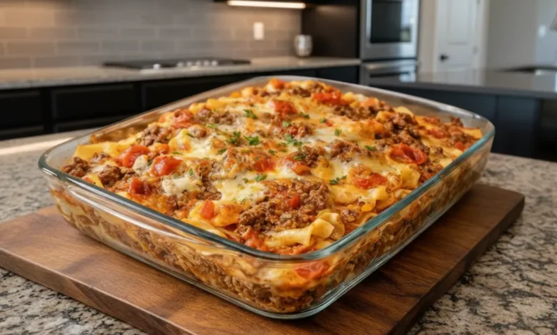 A freshly baked Beef Lombardi Casserole with layers of ground beef, cheese, and tomatoes, served in a clear glass baking dish on a wooden cutting board.