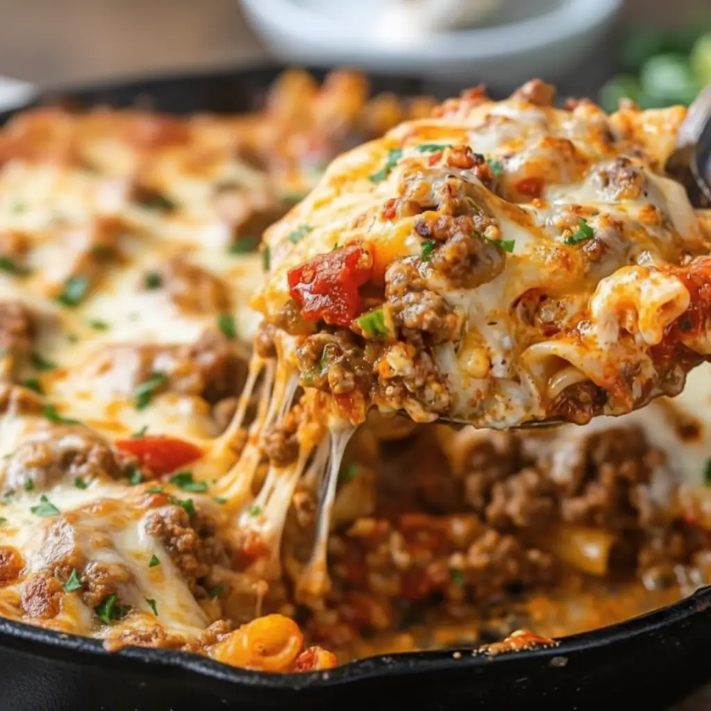 A close-up of Beef Lombardi Casserole being served from a skillet with melted cheese, ground beef, and tomatoes, with a stringy cheese pull.
