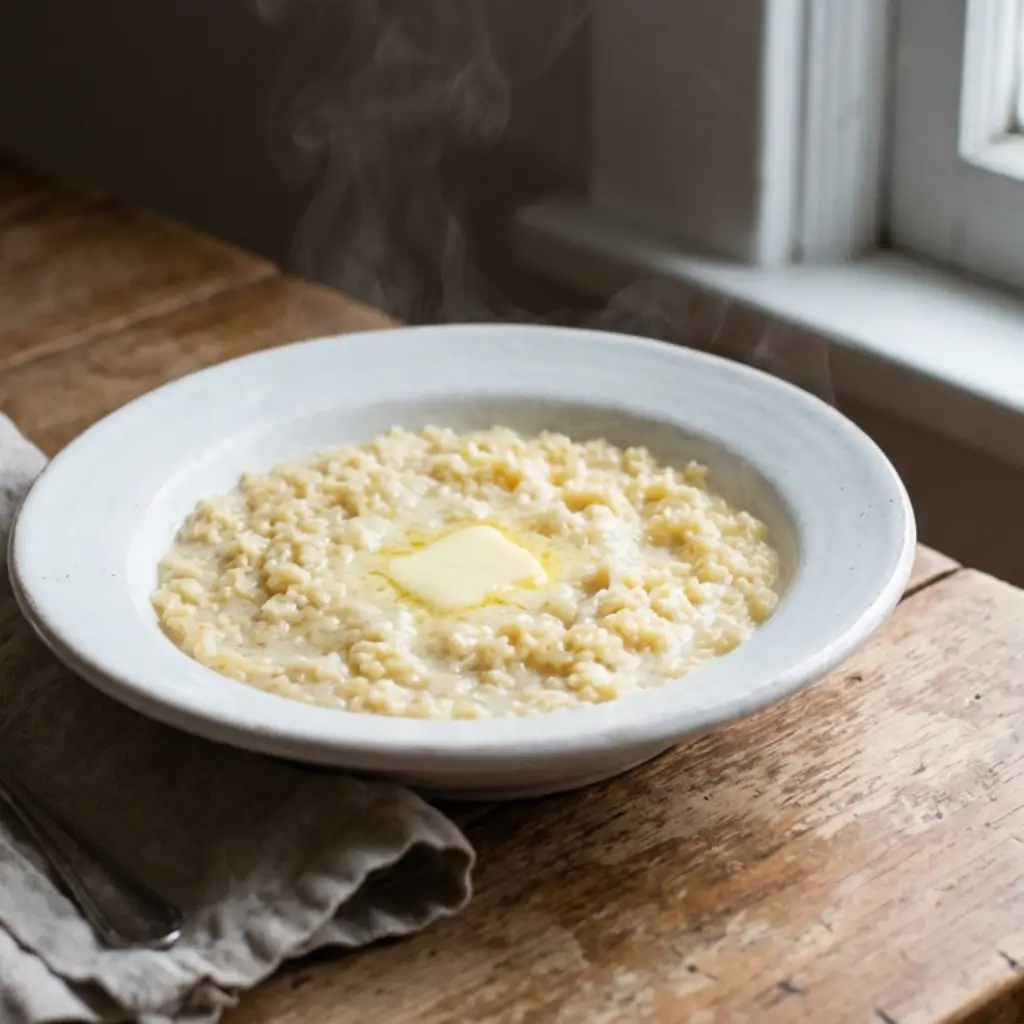 Steaming bowl of creamy pastina recipe topped with melted butter, served on a rustic wooden table