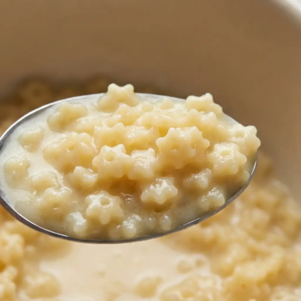 Spoonful of creamy pastina recipe with soft star-shaped pasta cooked in a buttery, cheesy sauce
