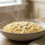 Steaming bowl of creamy pastina recipe made with tiny pasta, butter, cheese, and cracked black pepper
