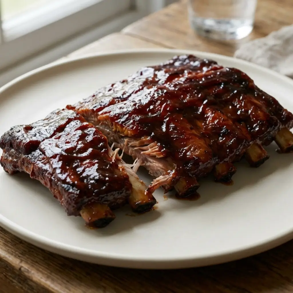 Plated cola ribs slow cooker recipe with tender pork ribs coated in a rich, glossy cola barbecue sauce
