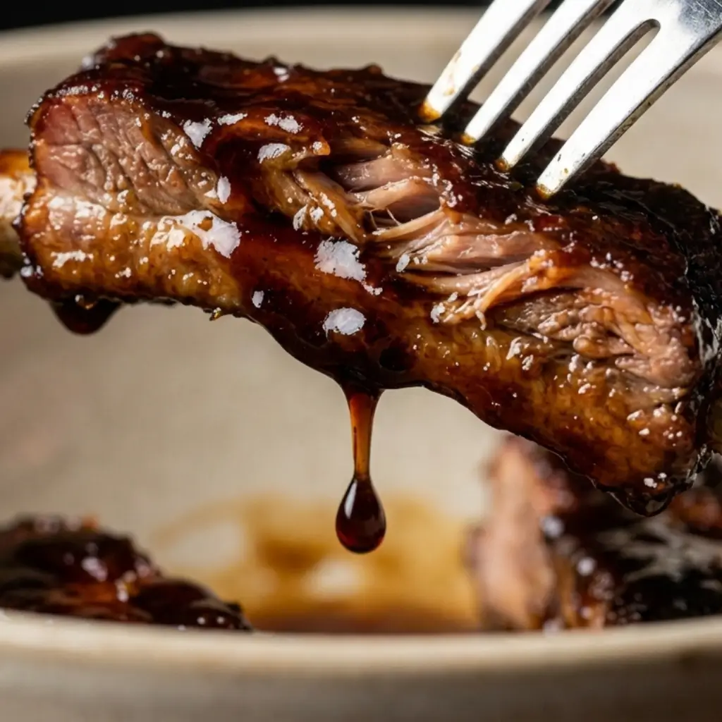 Fork-tender cola ribs slow cooker recipe with juicy pork meat pulling apart and rich cola sauce dripping