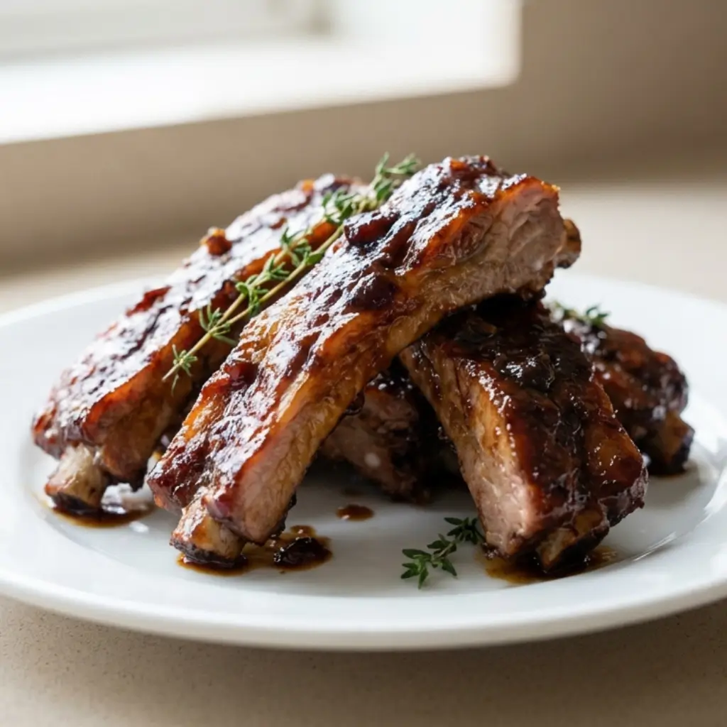 Stacked cola ribs slow cooker style with tender pork ribs glazed in a rich, caramelized cola sauce