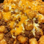 Sloppy Joe Tater Tot skillet with crispy golden tater tots, seasoned ground beef, and melted cheddar cheese in a cast-iron pan.