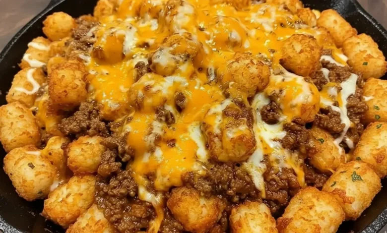 Sloppy Joe Tater Tot skillet with crispy golden tater tots, seasoned ground beef, and melted cheddar cheese in a cast-iron pan.