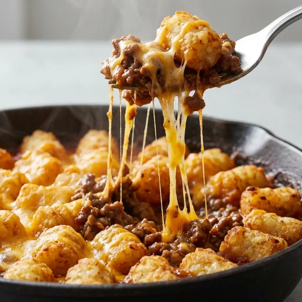 A delicious serving of Sloppy Joe Tater Tot Skillet with melted cheese, crispy tater tots, and seasoned ground beef.