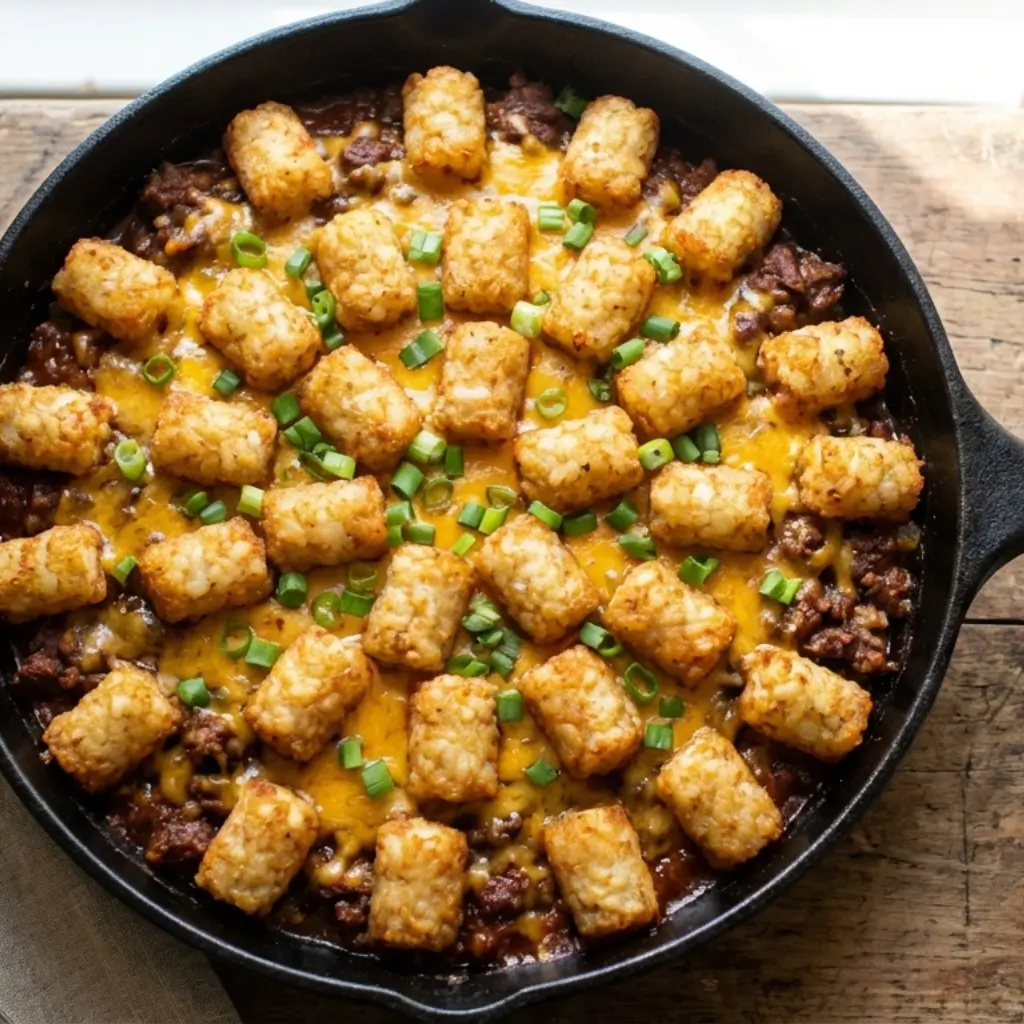 Sloppy Joe Tater Tot skillet with crispy tater tots, melted cheddar cheese, and savory ground beef, garnished with chopped green onions in a cast-iron pan.