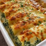 A delicious serving of baked spinach and ricotta cannelloni with melted cheese, golden brown crust, and fresh parsley garnish.