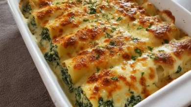 A delicious serving of baked spinach and ricotta cannelloni with melted cheese, golden brown crust, and fresh parsley garnish.