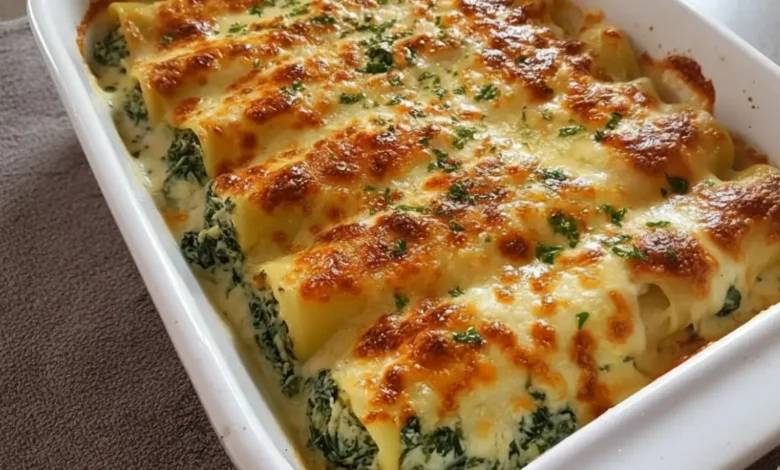 A delicious serving of baked spinach and ricotta cannelloni with melted cheese, golden brown crust, and fresh parsley garnish.