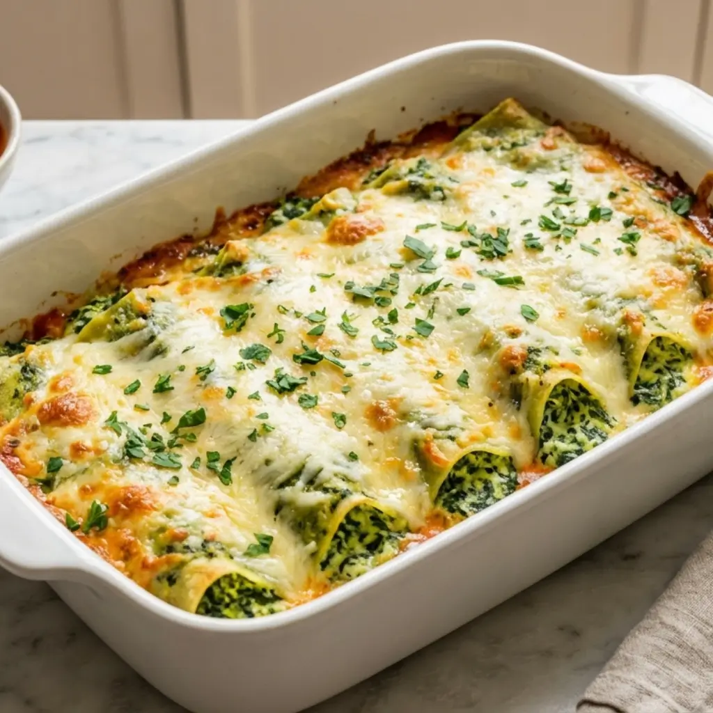 A freshly baked spinach and ricotta cannelloni dish with melted cheese, golden and bubbly, topped with fresh parsley, served in a white baking dish.