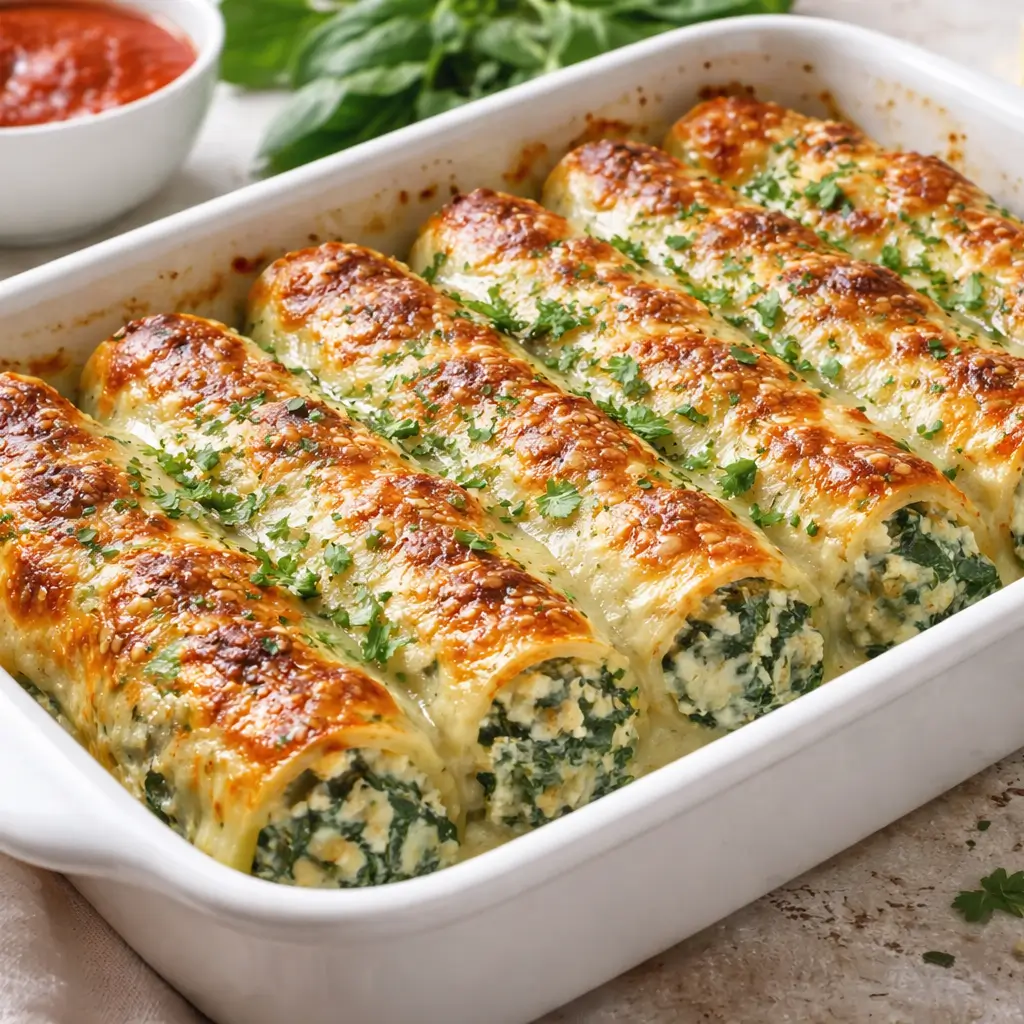 Baked spinach and ricotta cannelloni topped with golden melted cheese and fresh parsley, served in a white baking dish with marinara sauce on the side.