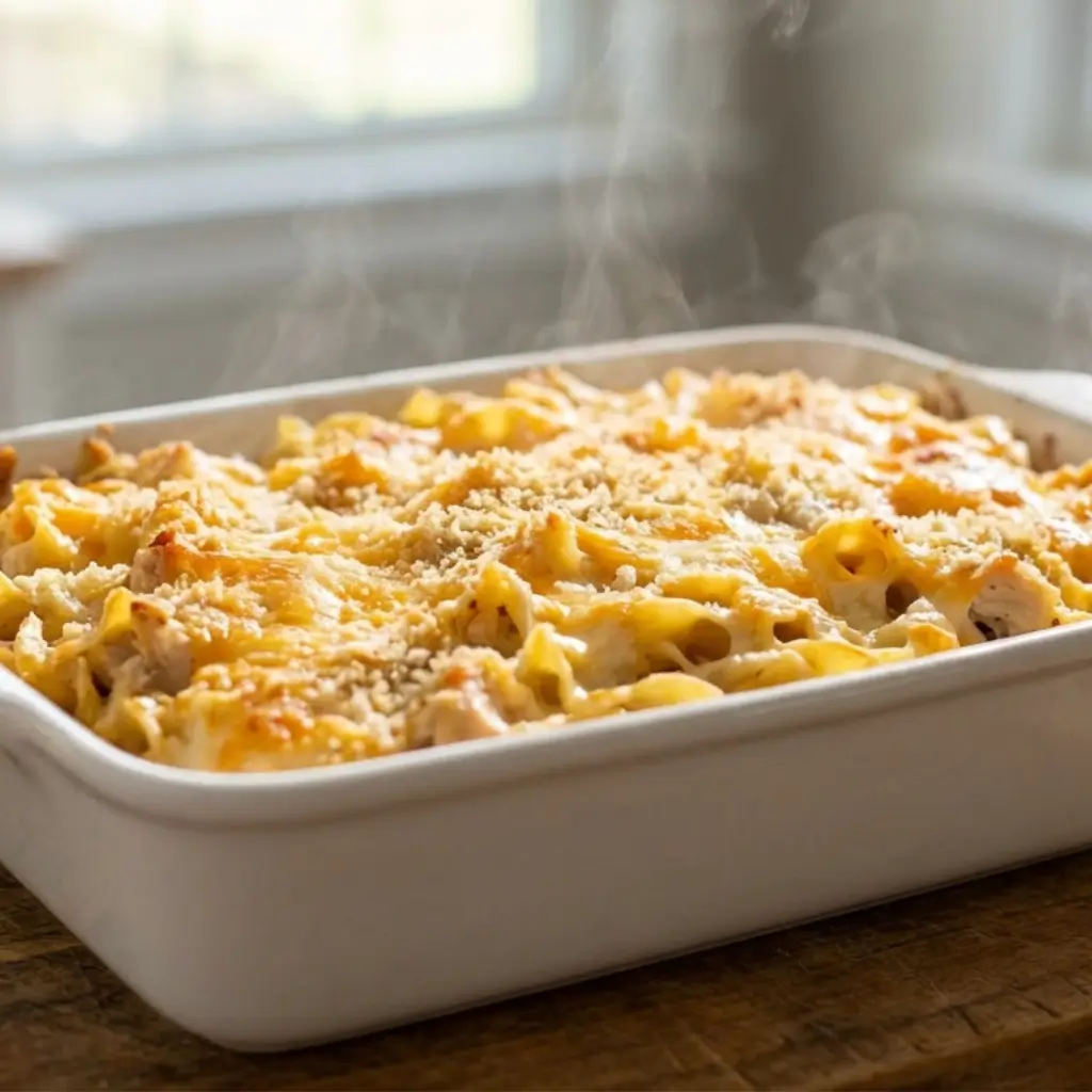 Steaming hot chicken noodle casserole with a golden cheesy top and crispy breadcrumb topping in a white baking dish.