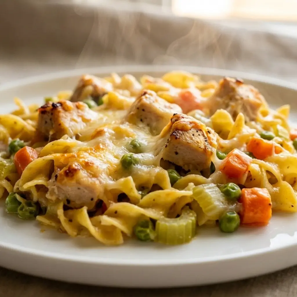 A plate of chicken noodle casserole with tender chicken, egg noodles, peas, carrots, and melted cheese, served on a white plate with steam rising.