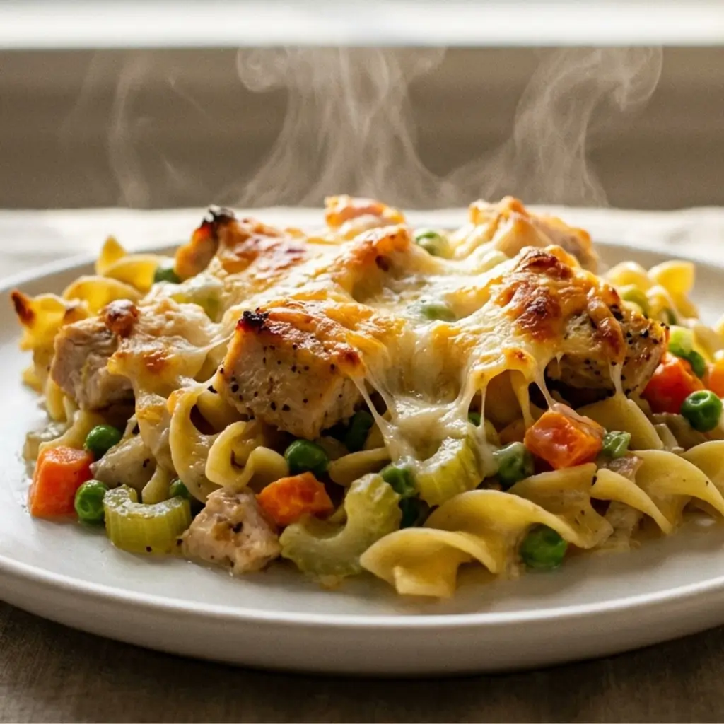 A steaming plate of chicken noodle casserole with tender chicken pieces, egg noodles, peas, carrots, and melted cheese, served hot.