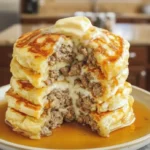 Stack of pancakes filled with sausage, topped with butter and drenched in syrup.