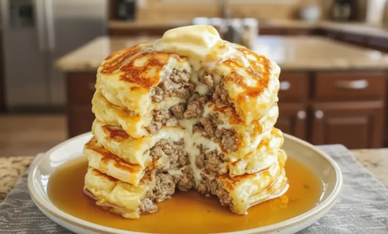 Stack of pancakes filled with sausage, topped with butter and drenched in syrup.