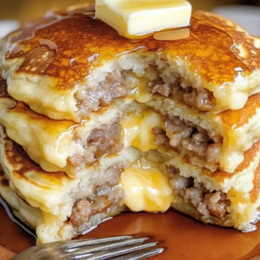 Close-up of stacked pancakes filled with sausage, topped with butter and syrup.