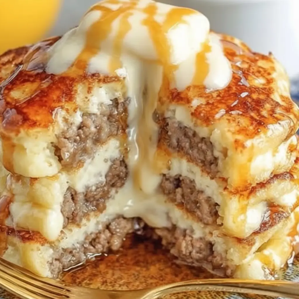 Stack of pancakes filled with sausage, topped with cream and syrup, dripping from the layers.