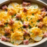 Cheesy ham and potato casserole baked until golden with melted cheese, sliced potatoes, and chunks of ham in a ceramic baking dish