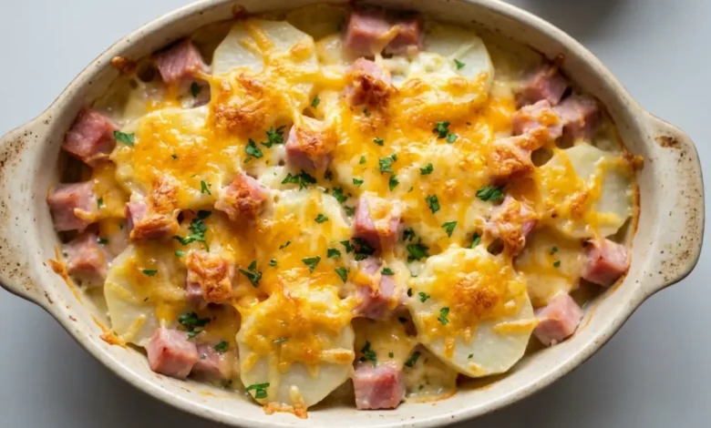 Cheesy ham and potato casserole baked until golden with melted cheese, sliced potatoes, and chunks of ham in a ceramic baking dish