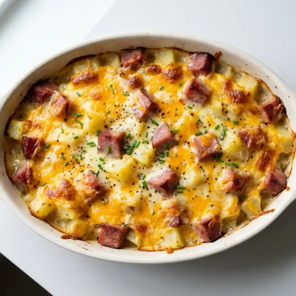 Baked cheesy ham and potato casserole with golden melted cheese, diced ham, and tender potatoes in a ceramic dish