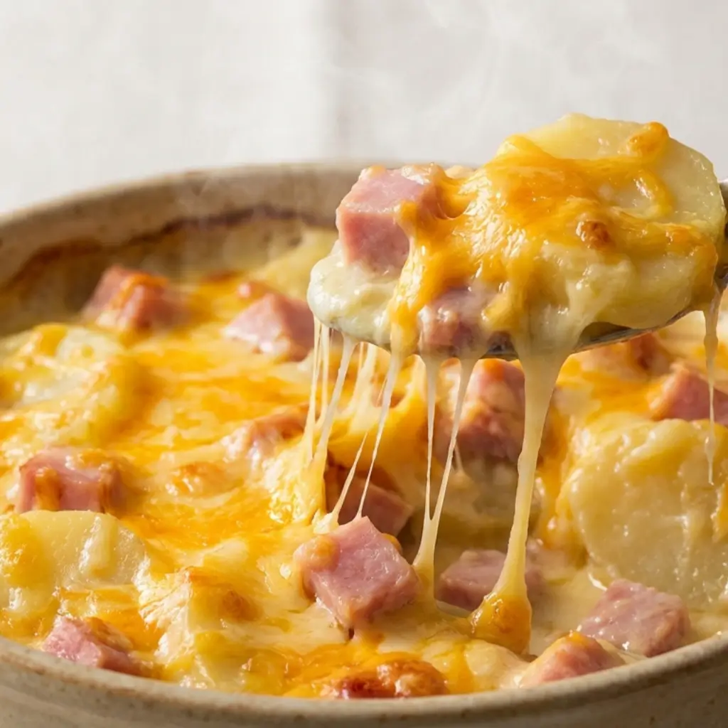 Spoon lifting cheesy ham and potato casserole with melted cheese stretching over tender potatoes and diced ham
