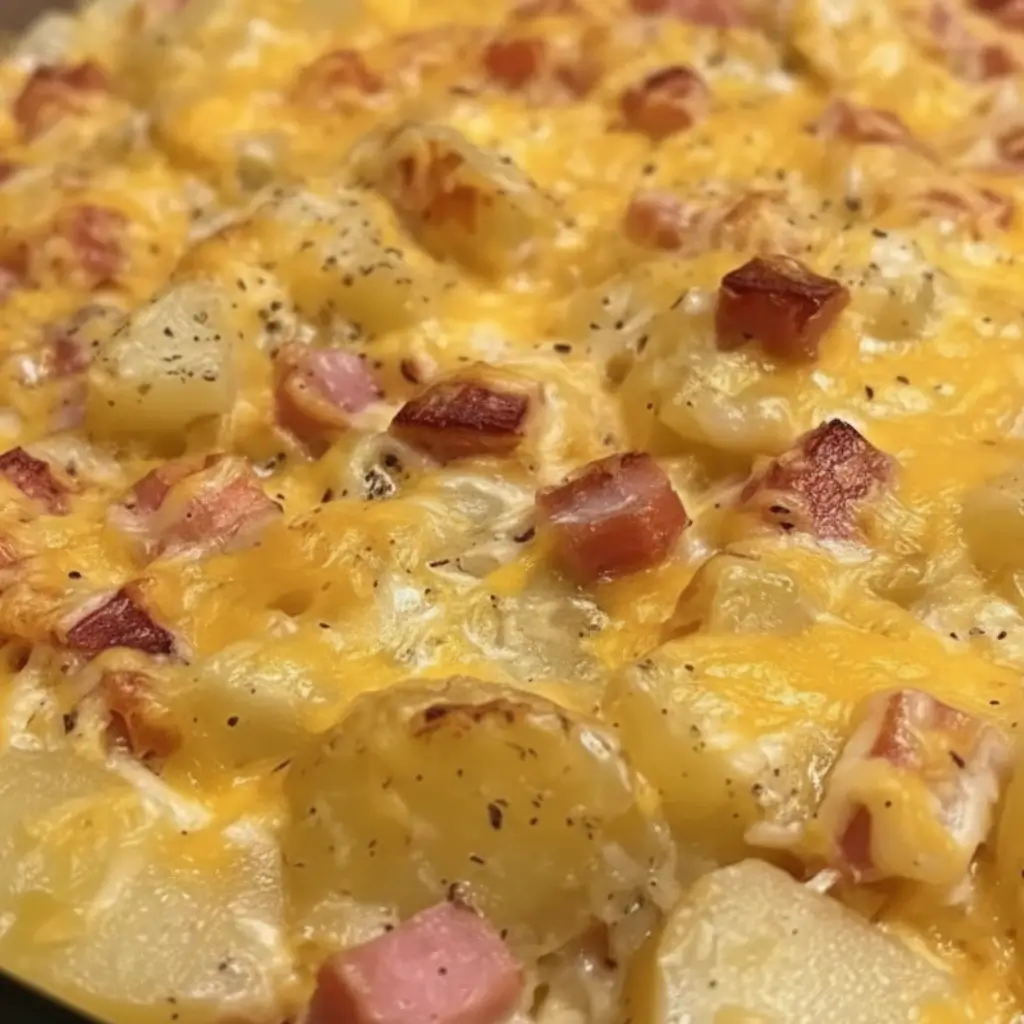 Close-up of cheesy ham and potato casserole with melted cheddar cheese, tender potato pieces, and browned ham cubes