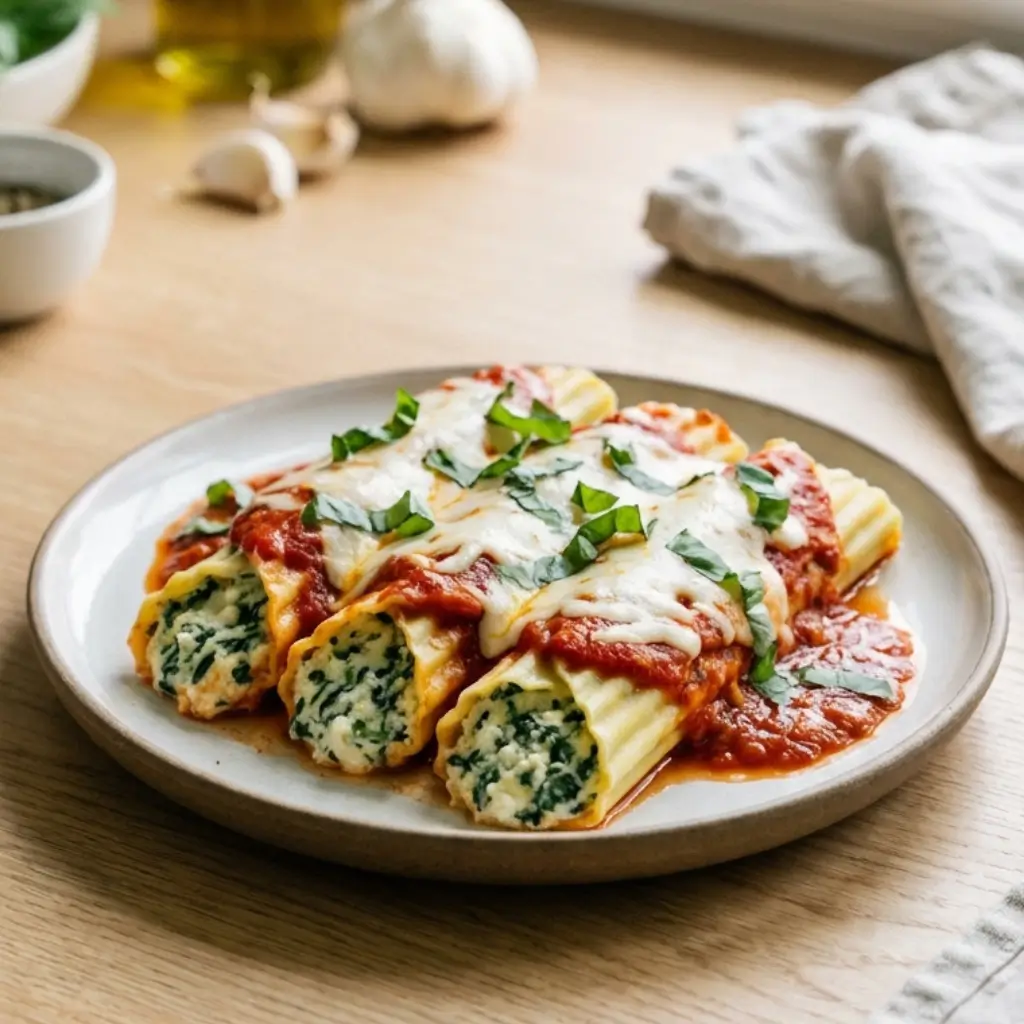 A close-up shot of freshly baked manicotti stuffed with ricotta and spinach, topped with marinara sauce, melted mozzarella, and fresh basil leaves.