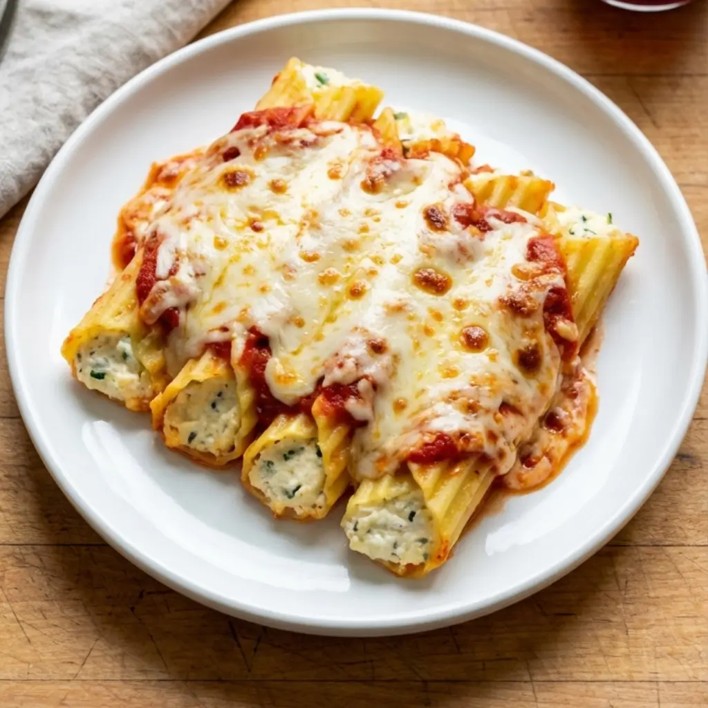 A plate of baked manicotti filled with ricotta and spinach, topped with marinara sauce and melted mozzarella cheese.