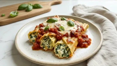 A plate of stuffed manicotti with ricotta and spinach filling, topped with marinara sauce, melted mozzarella, and fresh basil leaves.