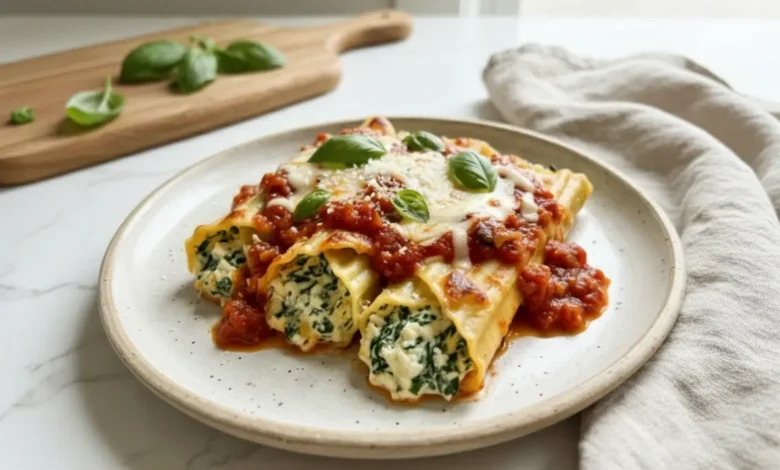 A plate of stuffed manicotti with ricotta and spinach filling, topped with marinara sauce, melted mozzarella, and fresh basil leaves.