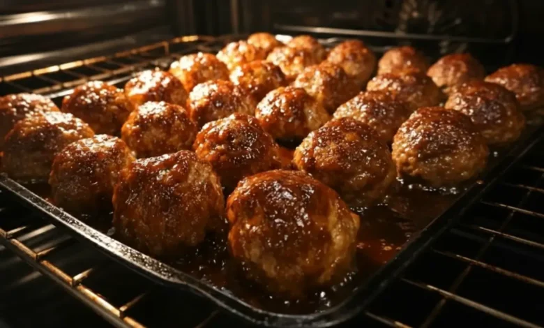 Oven baked BBQ meatballs caramelizing in the oven with glossy barbecue sauce on a baking tray