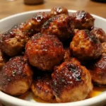 Oven baked BBQ meatballs coated in sticky barbecue sauce served in a white bowl