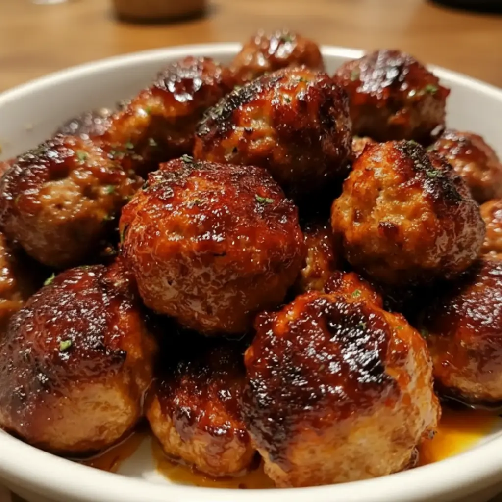 Oven baked BBQ meatballs coated in sticky barbecue sauce served in a white bowl