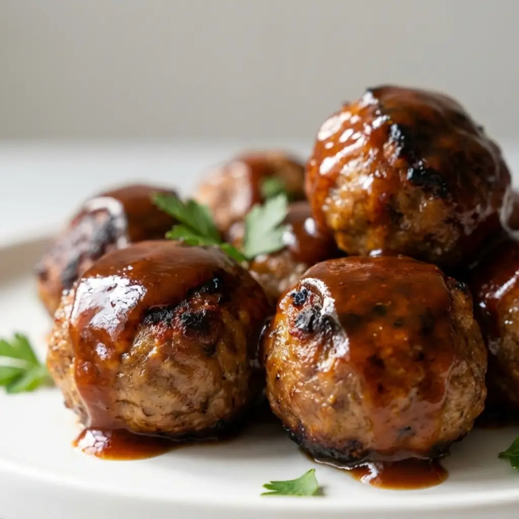 Close-up of oven baked BBQ meatballs glazed with rich barbecue sauce on a white plate