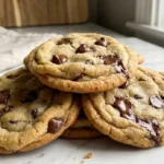 Stack of freshly baked Toll House chocolate chip cookies with gooey chocolate chunks on a marble countertop.