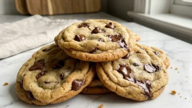 Stack of freshly baked Toll House chocolate chip cookies with gooey chocolate chunks on a marble countertop.