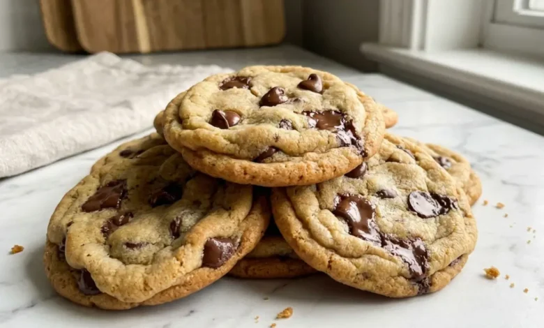 Stack of freshly baked Toll House chocolate chip cookies with gooey chocolate chunks on a marble countertop.