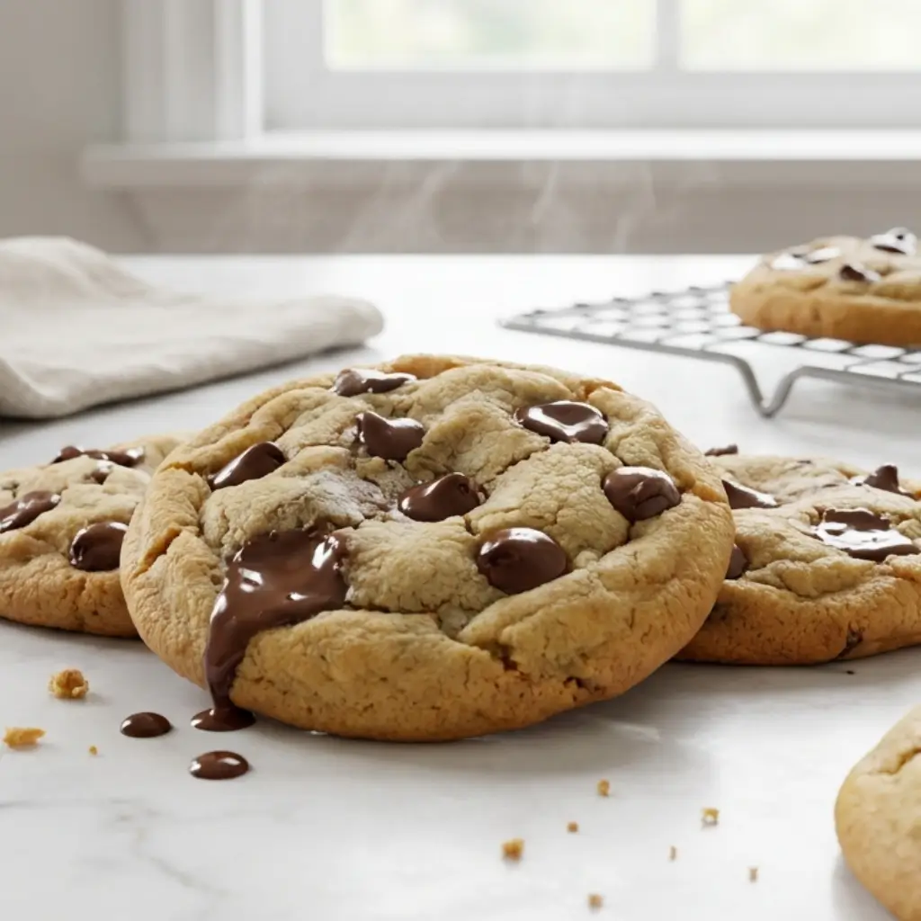 Close-up of freshly baked Toll House chocolate chip cookies with melted chocolate chips, resting on a marble countertop with steam rising.