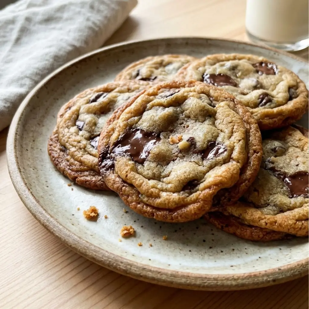 A plate of freshly baked Toll House chocolate chip cookies with gooey chocolate centers, placed on a light wooden surface with a glass of milk.