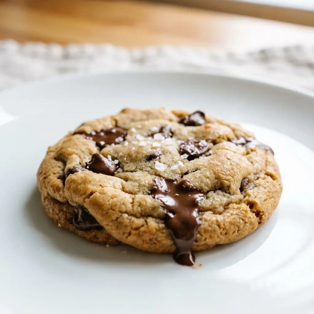 Close-up of a freshly baked Toll House chocolate chip cookie with melted chocolate and a sprinkle of sea salt, placed on a white plate.
