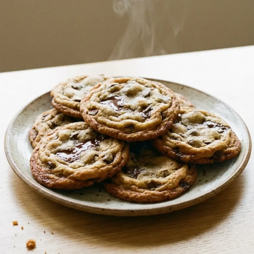 A plate of freshly baked Toll House chocolate chip cookies with gooey chocolate centers, stacked on a ceramic plate with steam rising